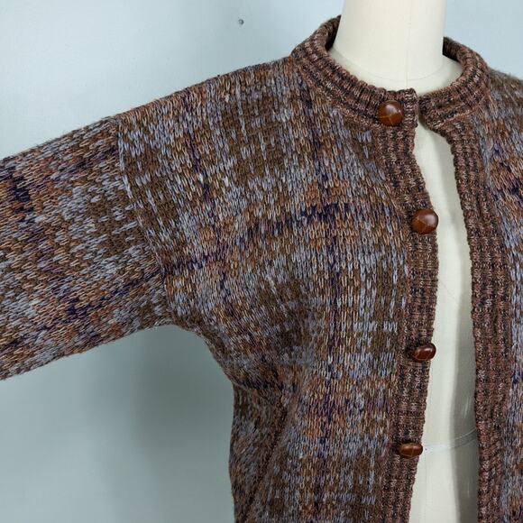 Vtg Wool Cardigan Sweater L Brown 90s Plaid Chunky Knit Button Pocket Heritage - Picture 2 of 14